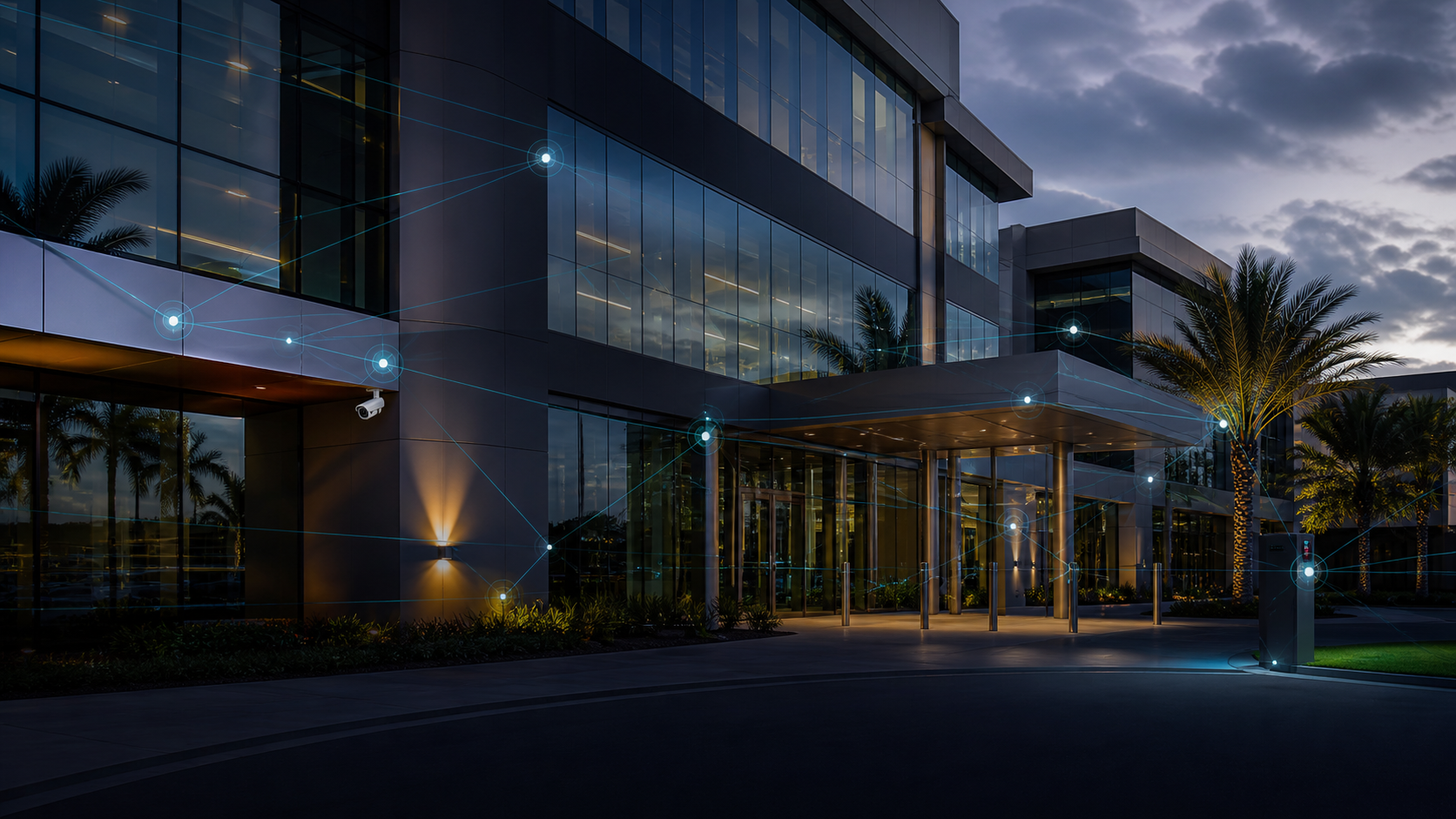 Modern commercial building with connected low-voltage infrastructure