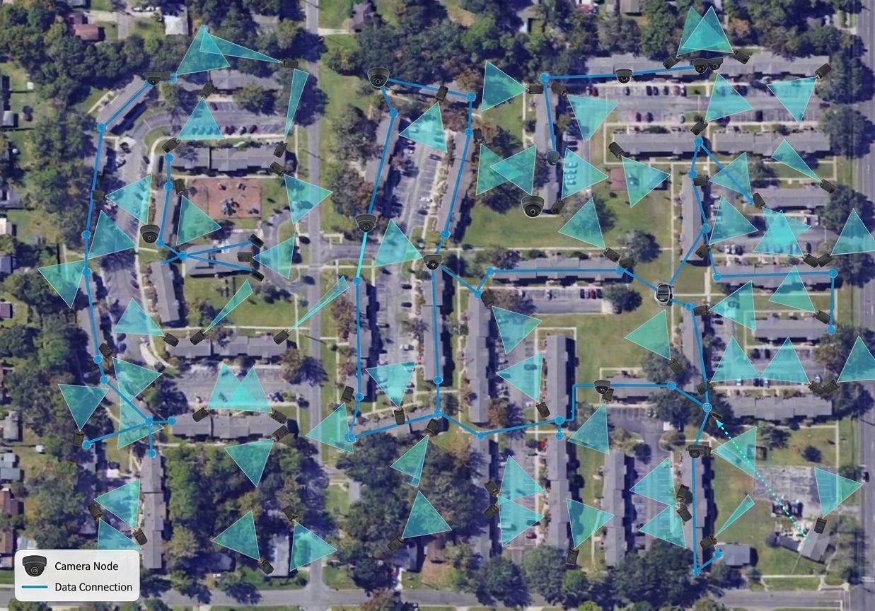 Synthetic Valencia Way CCTV layout showing 37 buildings, camera fields of view and wireless points